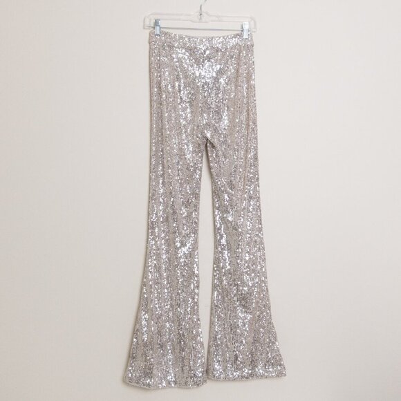 House of Harlow 1960 Sequin Flare Pants XS Champagne Metallic Glam Showgirl - Picture 3 of 13
